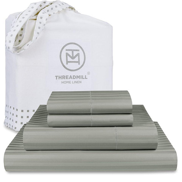 Threadmill 100% Cotton Sheets for Queen Size Bed - 600 Thread Count Queen Bed Sheets Set with 16” Deep Pocket - Damask Stripe Sateen Weave 4-Piece Bedding Set with Cooling Effect, Moonrock Grey