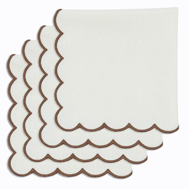 PurpleEssences Scalloped Embroidery Cloth Napkins Table Decor Fall Thanksgiving 100% Cotton Set of 4-18 x 18 inch - Beige - Edges - Brown