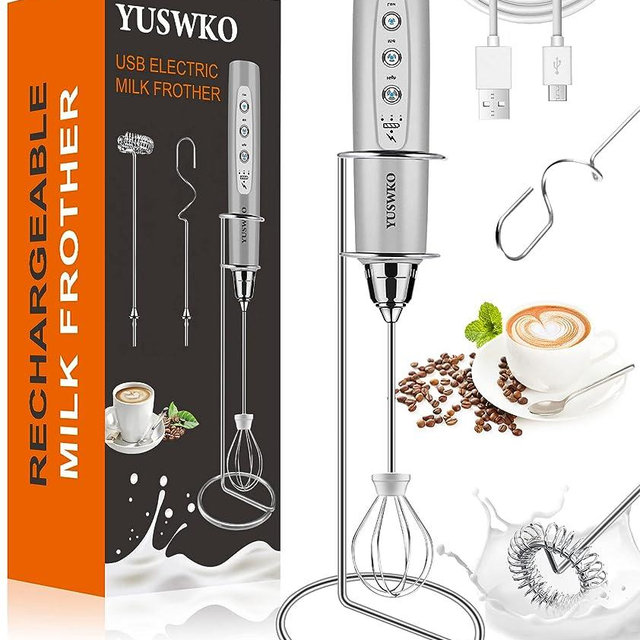 YUSWKO Rechargeable Milk Frother for Coffee with Stand, Handheld Drink Mixer with 3 Heads 3 Speeds Electric Stirrers for Latte, Cappuccino, Hot Chocolate, Egg - Silver