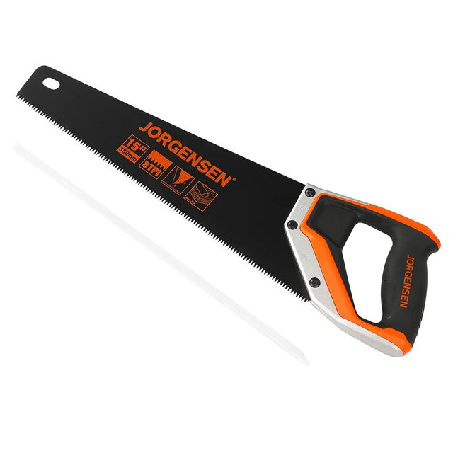 JORGENSEN 15” Hand Saw, Black Coated Coarse Handsaw 8TPI for Wood Cutting, Ergonomic Non-Slip Aluminum Handle for Sawing, Trimming, Gardening, Pruning, PVC