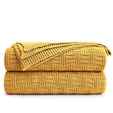 Large 100% Cotton Yellow Cable Knit Throw Blanket for Couch Sofa Bed with Bonus Laundering Bag – Large 60 x 80 Thick, 3.4 LB, Machine Washable, Comfortable Home Décor