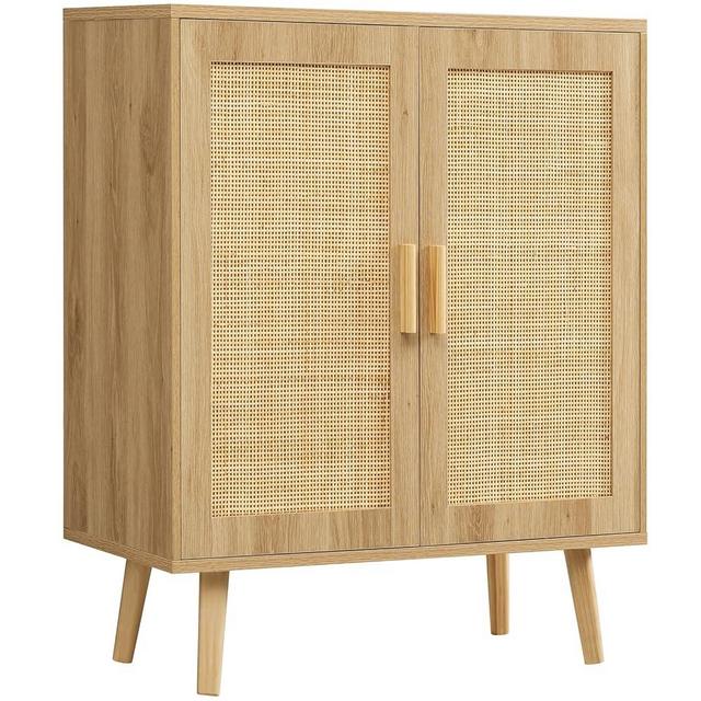 Iwell Storage Cabinet with Adjustable Shelf, Buffet Cabinet with Storage, Rattan Cabinet with Doors, Accent Cabinet for Living Room, Kitchen, Entryway, Natural