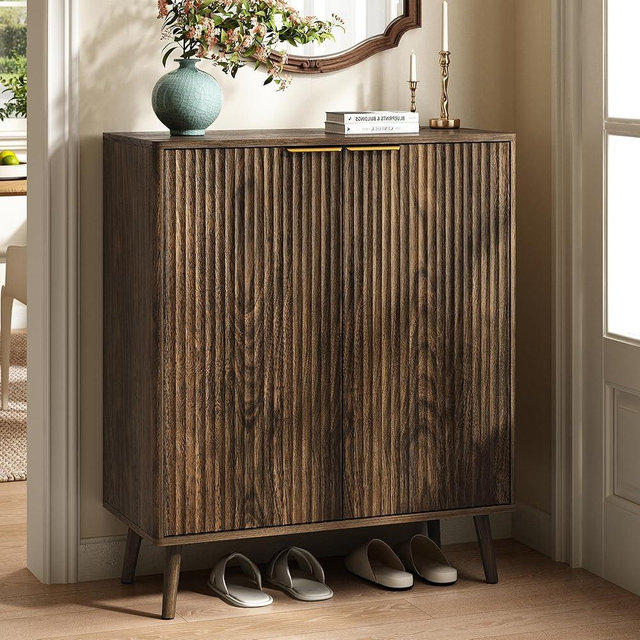 Sscaktu Fluted Shoe Cabinet with Doors, 5-Tier Shoe Storage Cabinet with Adjustable Shelves, Wooden Freestanding Shoe Organizer Shoe Cabinet for Entryway,Hallway,Living Room,Walnut
