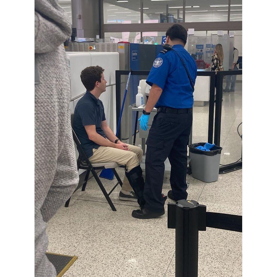 Doug broke his foot playing tennis, and TSA was perplexed by the boot