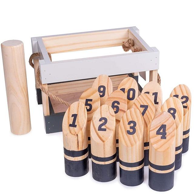 Molkky | Portable Outdoor Lawn Game | Unique, Traditional Family Game | Premium Wooden Tossing Game Set Perfect for Parties, BBQs, Cookouts, Yard Activities | Comes with Carrying Crate