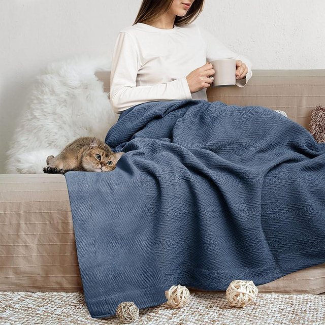 THREAD SPREAD Organic GOTS Cotton Blanket, Full/Queen - 350 GSM, Antistatic, Fuzzy Soft, Lightweight, Sofa, Camping & Travel, Perfect Herringbone All Seasons Throw, Medium Blue with Free Tote Bag