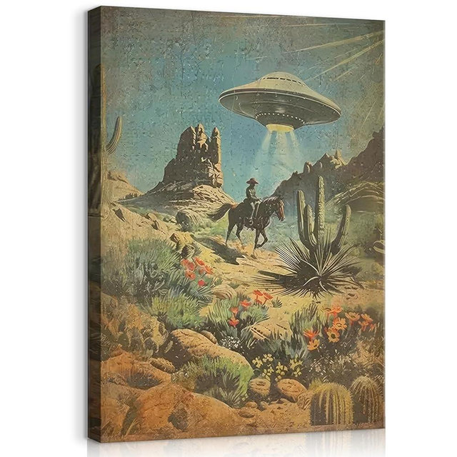 Vintage UFO Wall Art Sci-Fi Western Cowboy Mural Unique UFO Picture Funny Alien Poster Print for Boys Room Living Room etc. Ready to Hang (12x16 Inch Canvas)