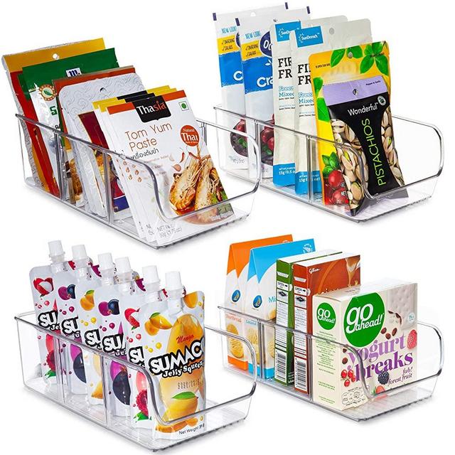 YIHONG Plastic Food Packet Organizer Bins, 4 Pack Kitchen Storage Organizer Bins for Storing Seasoning Packets, Spice Pouches, Sauce Packets,Snacks in Pantry Cabinet Organization, 3 Divided Sections