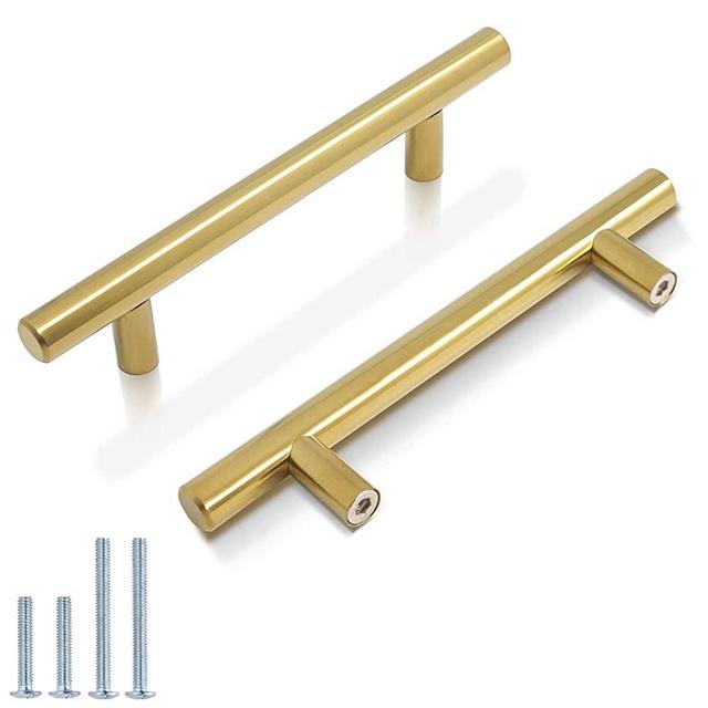 Probrico (5 Pack) 3-3/4" Hole Centers Cabinet Pulls, Euro Kitchen Cabinet Hardware T Bar Dresser Pull Bathroom Gold Drawer Cupboard Closet Handles, 6 Inch Total Length