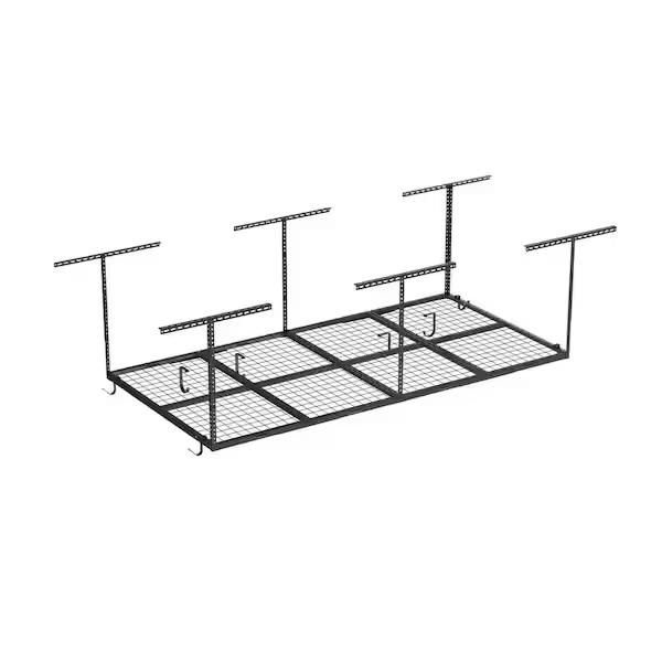 FLEXIMOUNTS OHK Series 48 in. W x 96 in. D x 22-40 in. H Ceiling Mounted Overhead Garage Storage Rack with Accessory Hooks in Black OHK48B-E