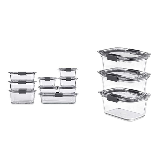 Rubbermaid Brilliance Glass Storage Set of 9 Food Containers with Lids (18 Pieces Total), Clear & Brilliance Glass Storage 4.7-Cup Food Containers with Lids, 3-Pack (6 Pieces Total), Clear