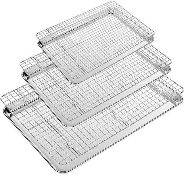 CEKEE Baking Sheet with Wire Rack Set of 6 (3 Cookie Sheets for baking + 3 Cooking Racks), Stainless Steel Stainless Steel Baking Pans Set with Cooling Rack - Heavy Duty & Dishwasher Safe