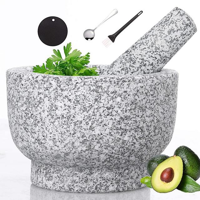 Mortar and Pestle Set Natural Granite Guacamole Molcajete Bowl for Kitchen Herbs Pestos and Spices Grinder Include Non-Slip Silicone Mat Spoon Brush 5.1inch(13x9cm, Unpolished)