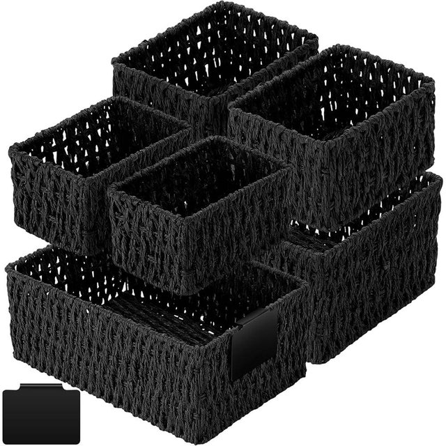 Marsui 6 Pcs Wicker Storage Baskets with Labels Handwoven Paper Rope Multi-size Black Wicker Storage Bins for Organizing Small Baskets Container for Shelves Closet Pantry Toilet