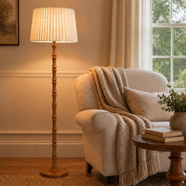 Mirwen Real Wood Floor Lamp with Dual Lampshades, Sculptural Spindle Standing Lamp with Foot Switch, Modern Farmhouse Dimmable Floor Lamp for Living Room, Bedroom, Reading Corner & Cozy Home Decor