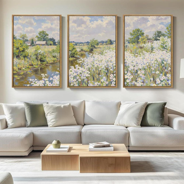 BINCUE Framed Wildflower Wall Art Rustic Floral Wall Decor Vintage Landscape Artwork for Living Room Bedroom Bathroom 16x24 Inches Set of 3