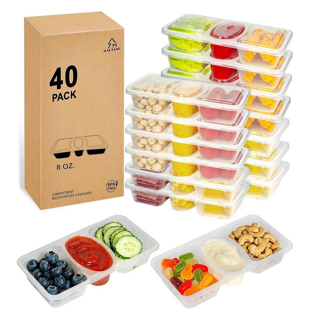 MACTANO 8 OZ Reusable Snack Containers with Lids, New 3 Compartment Condiment Snack Pack Containers 40 Sets