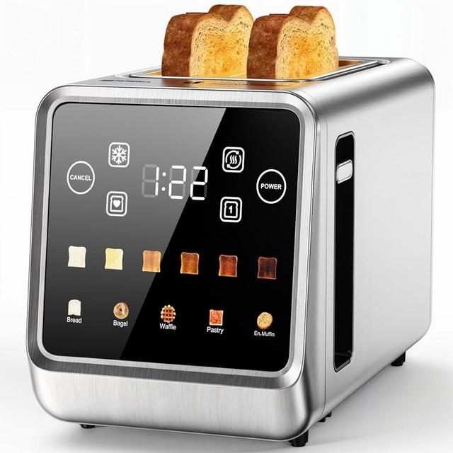 2 Slice Toaster Touch Screen 1.5" Wide Slot, Stainless Steel Digital Toaster for 5 Bread Types/6 Shade Settings/Single Slot Toasting/Memory Function/Defrost/Reheat
