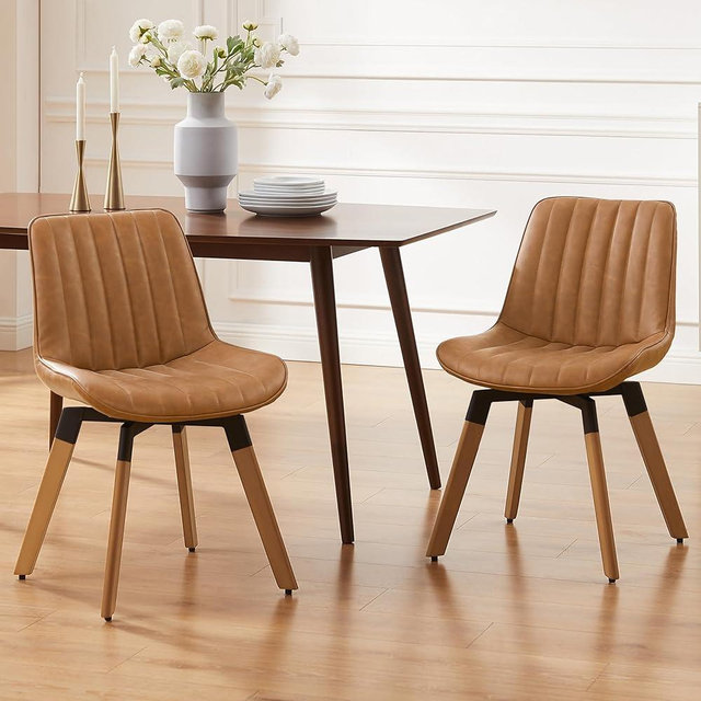 Art Leon Swivel Dining Chairs Set of 2, Mid Century Modern Kitchen Dining Room Chairs, Upholstered Faux Leather Armless Side Chair with Wood Legs for Living Room Bedroom, Red Brown
