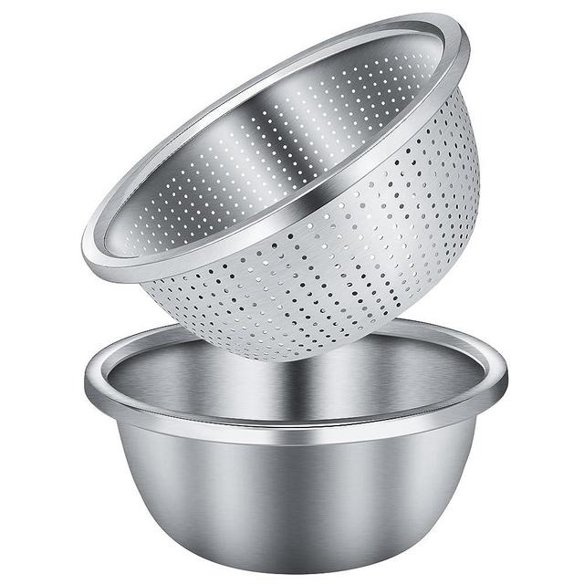 Gulex Colander Stainless Steel 2-Quart with Mixing Bowls, Strainer for Kitchen Food For washing vegetables, fruit and rice, Dishwasher Safe. (2PC)