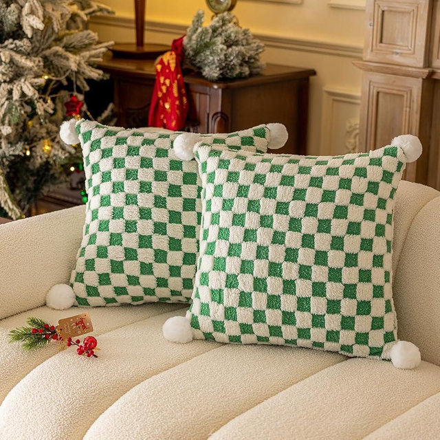 SKXKJian Pack of 2 Throw Pillow Covers for Couch 18x18 Soft Fluffy Plush Checkerboard Cushion Cover Green Decorative Pillow Covers for Living Room Spring Farmhouse
