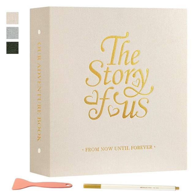Lanpn Couples Scrapbook Photo Album - The Story of Us, Linen Wedding Anniversary Self Adheisve Picture Book holds 4x6 5x7 A5 Photo for Love Newlywed Valentine's Day (Large 40 Sheets/80 Pages, Beige)