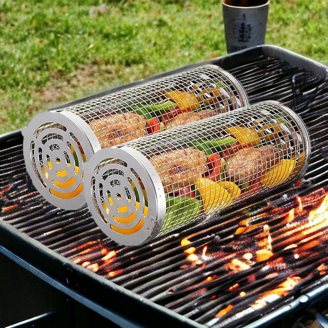Fathers Day Gift, Grill Accessories, Rolling BBQ Basket, Grilling Tube for Veggies, Meats, Fish. Outdoor Dad Grilling Gifts. Gift For Him