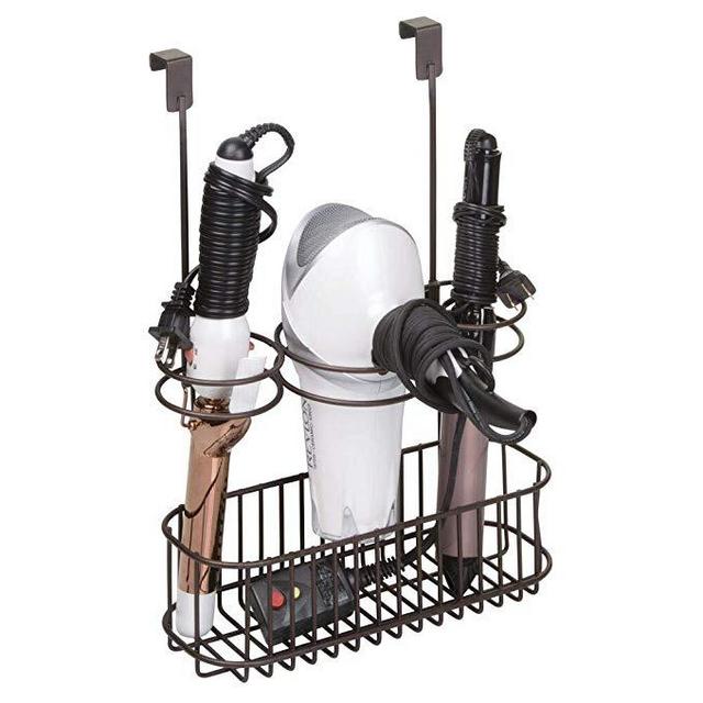 mDesign Over Door Bathroom Hair Care & Hot Styling Tool Organizer Storage Basket for Hair Dryer, Flat Irons, Curling Wands, Hair Straighteners - Hang Inside/Outside Cabinet Doors, 3 Sections - Bronze