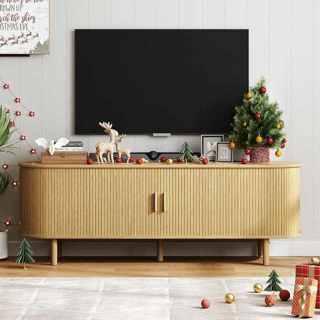 ONBRILL 63" TV Stand with Power Outlet, Entertainment Center for TVs up to 60 Inch, Modern TV Console with Storage and Adjustable Shelves, TV Stand with Sliding Doors for Living Room, Oak