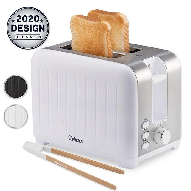 Twinzee Wide Slot Toaster 2 Slice - 3 in 1 Retro Toaster, Matte White and Stainless Steel - Small Toaster with Free Bamboo Tongs Clips and Crumb Tray - 7 Toasting Settings, 850W Toasters - Vintage Toster