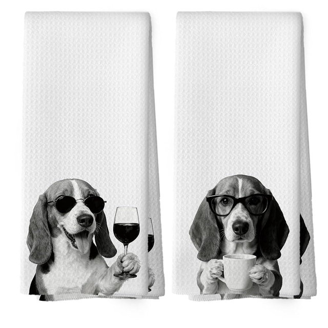 Mcehtle Funny Basset Hound Kitchen Towels Set of 2, Funny Dog Kitchen Accessories, Coffee Wine Station Decor, Dog Chef Gift Hand Towel, Dining Room Decorative Tea Towel Dish Towels 16x24 Inch