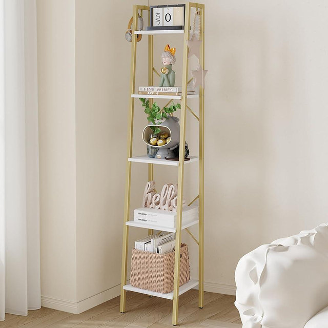 Hzuaneri 5-Tier Ladder Shelf, Narrow Bookshelf, Corner Storage Shelves, Freestanding Bookcase with 2 Hooks for Home Office, Living Room, Kitchen, Bedroom, Industrial, White Gold BC03213G