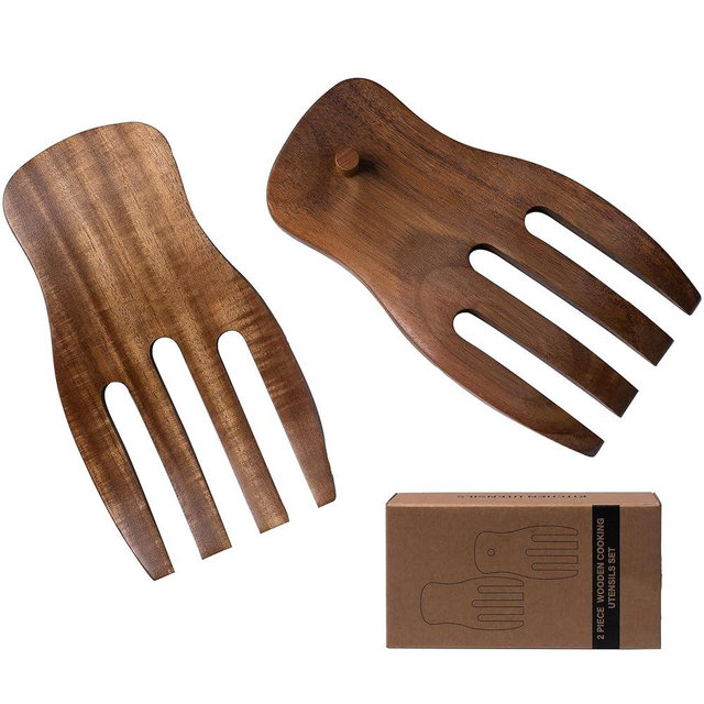 Wood Salad Hands for Tossing and Serving Salads, 2PCS Salad Servers, Wooden Salad Tongs for Salad Mixer, Kitchen Utensils Set, Acacia Wood Salad Serving Utensils for Tossing & Serving