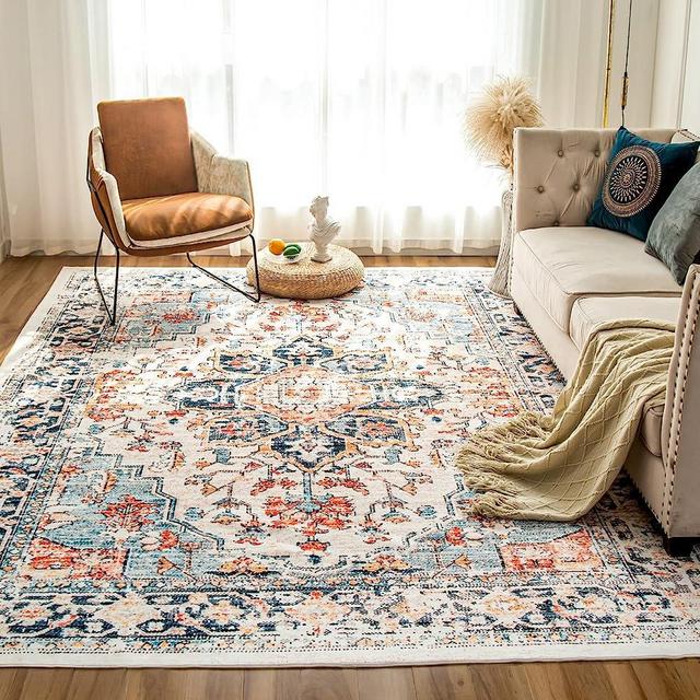 VK Living Machine Washable Rug 5'x7' Vintage Design Washable Area Rugs with Non Slip Rugs for Living Room Bedroom Traditional Woven Rug Carpet Stain Resistant, Dining Home Decor Office Boho Rug, Blue