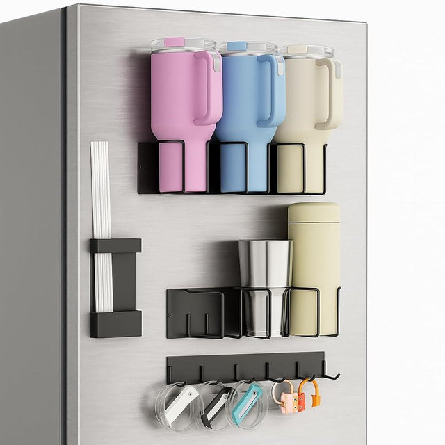 Strong Magnetic Cup Holder for Fridge, Fits Stanley 40/30/20 oz, Yeti & More, No-Drill Tumbler Organizer with Lid & Straw Storage, Kitchen & RV Space Saver(4-Piece Set)
