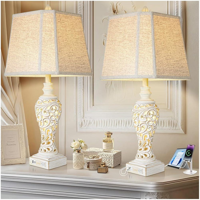 Vintage Table Lamps Set of 2, 28.5'' High Bedside Lamps with Fabric Shade, Farmhouse Nightstand Lamps with USB A+C Ports and Nightlight - Perfect for Living Room Bedroom Office Study (Bulb Included)
