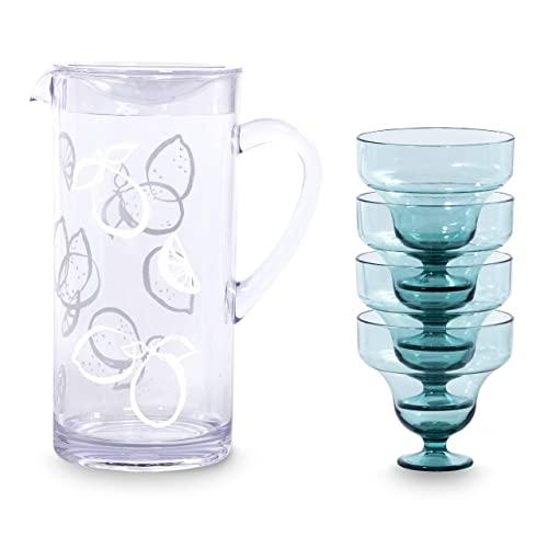 Kate Spade New York Margarita Party Kit with Acrylic Pitcher and 4 Cups, Compact Entertaining Set, Hard Plastic Glasses Hold 9 Ounces Each, Light Blue