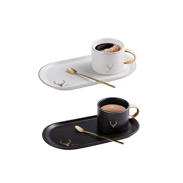 Ceramics Mug Set Coffee Cups, Nordic Style Tea Cups and Saucers Set, Breakfast Mugs Dessert Plate for Home Office Party, Vintage Ceramics Espresso Cups with Gift Box (Black+White)
