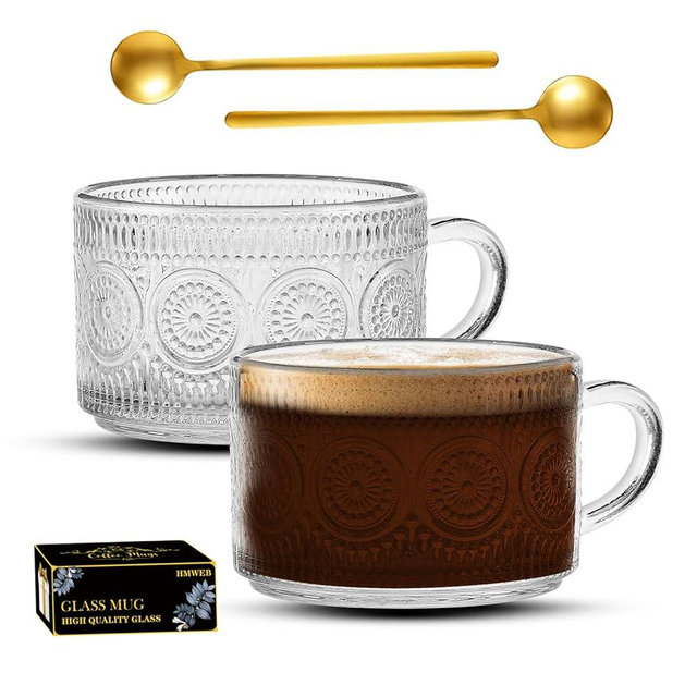 Vintage Coffee Tea Cups, Glass Mugs 14 Oz Set of 2 Embossed Glassware with Handle, for Cappuccino, Latte, Cereal, Yogurt, Beverage Hot/Cold, Milk