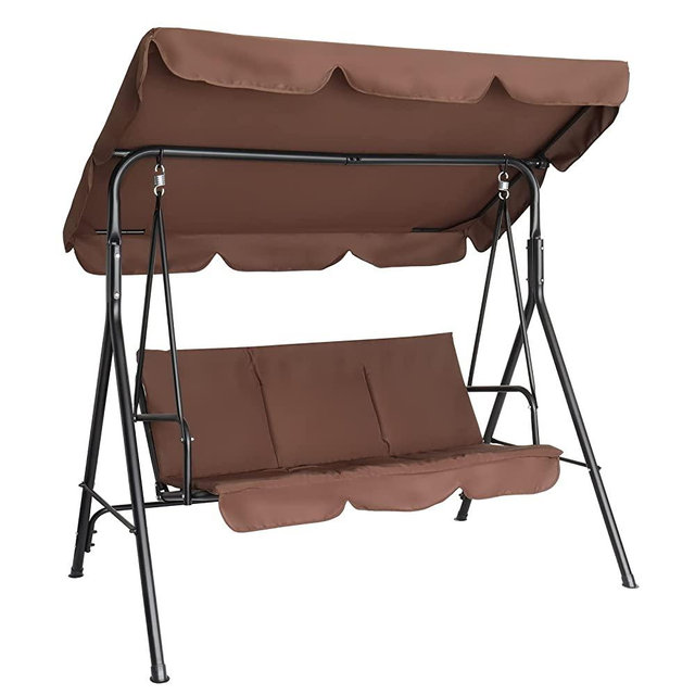 VINGLI Upgraded 3 Person Outdoor Porch Swing with Stand, Adjustable Canopy Swing with Cushions & Steel Frame for Yard, Pool, Lawn, Indoors (Brown)