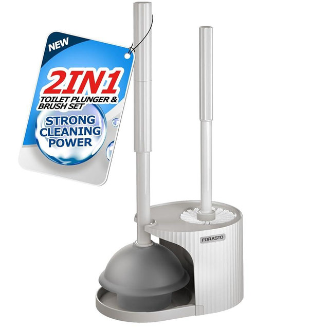 FORASTO 2 in 1 Toilet Plunger and Brush Set,Extended Handle Plunger,Toilet Bowl Brush Plunger Set,Bathroom Cleaning Tools,Cleaning Brush,Toilet Brush Plunger Combo,Cream Grey（20.8inch）