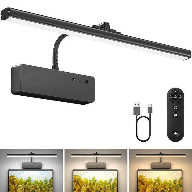 Picture Light with Remote, 15.35inch Wireless Rechargeable Battery Wall Light for Paintings, 3 Colors Paintings Light Dimmable and Timer Metal Art Light for Display, Wall, Artwork, Gallery (Black)