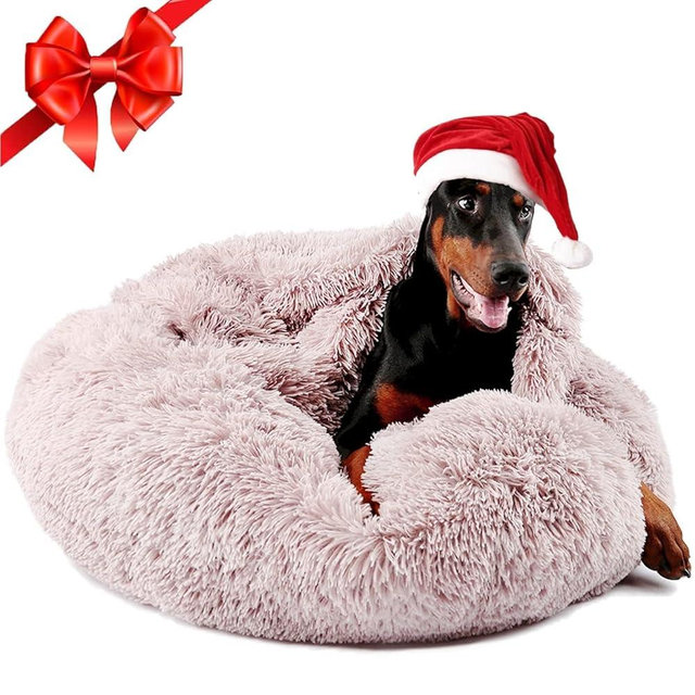 Himax Dog Beds for Large Dogs, Donut Dogs Beds with Blanket Attached, Calming Dog Bed Washable (20"/26"/35") Beige