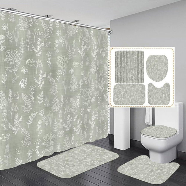 Chrainy 4Pcs Green Leaves Shower Curtain Set with Rugs Plants Floral Rustic Bathroom Decor Set Sage Green Bathroom Set with Shower Curtain and Rugs and Accessories 12 Hooks