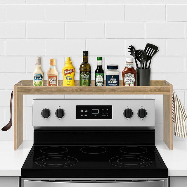 Over The Stove Shelf, Wood Stove Top Shelf, 31.5" Stove Top Organizer Shelves with 6 Hooks,11.5" Height Over Stove Spice Rack for Kitchen, White Oak