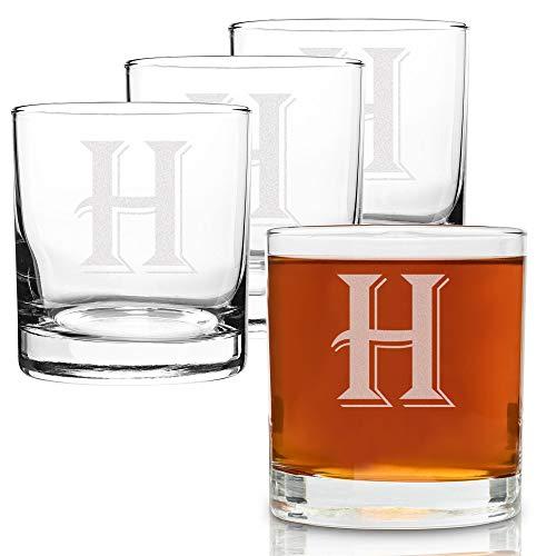 (H-Monogram)- 4 Piece Set of 11 Ounce Engraved Heavy Base Rocks Glasses Elegant Glass-Multi-Purpose Beverage-Rocks Glass- Perfect Gift for any Occasion- By: On The Rox