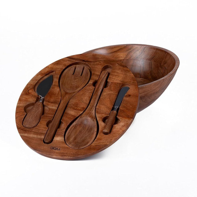 Beautiful Salad Bowl 12x12x4.75" Wood Bowl with Herringbone Inlay Lid, Salad Servers, and Cheese Knives Salad Bowls with Lids Wooden salad bowl with serving utensils |Designed in USA Handmade in India