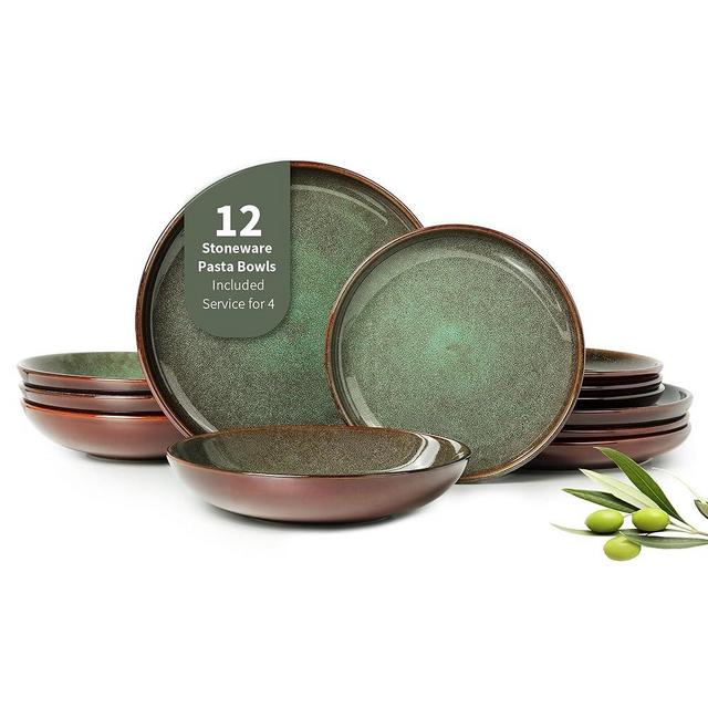 Pokini 12 Piece Dinnerware Sets with Pasta Bowls, Stain Resistant Dish Set, Easy Cleaning Dishes, Multi-Functional Plate and Bowl Set, Stack Compactly Plates, Service for 4 Sage Green