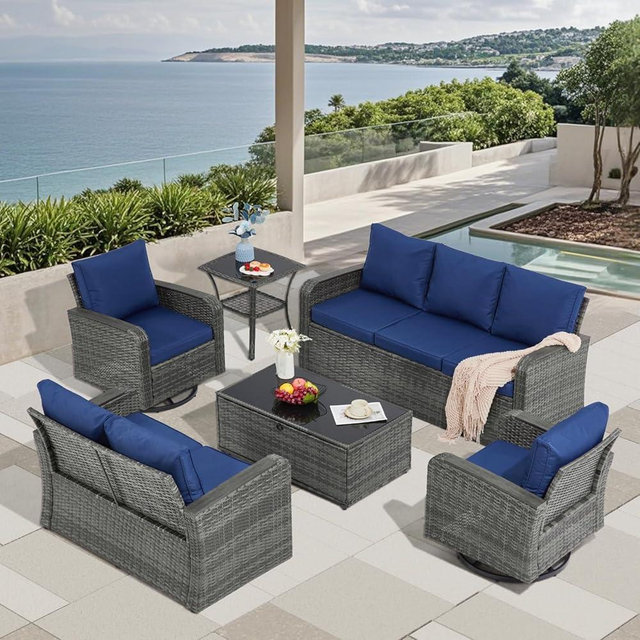 Yalissey 6 Pieces Patio Furniture Sets with Swivel Chairs, Outdoor Furniture Set for Porch Deck Bistro Lawn Garden Backyard Poolsid-Blue