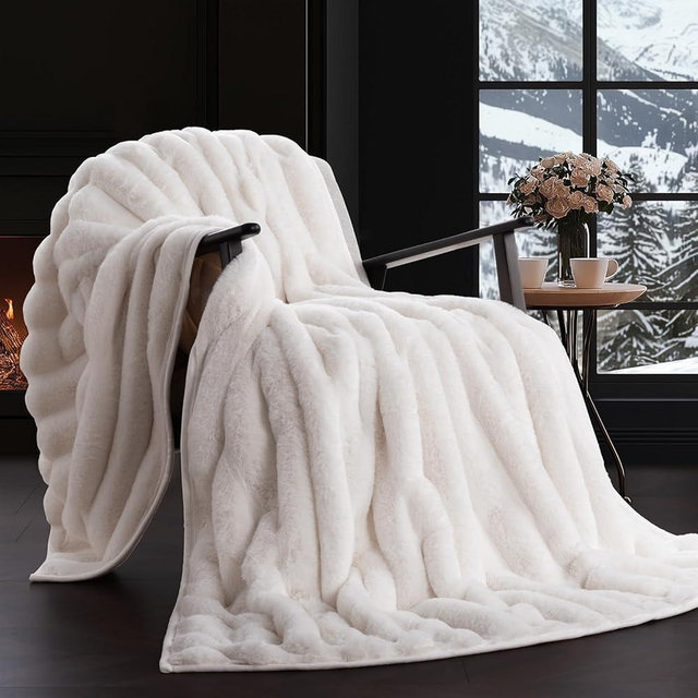 EVERGRACE Soft Luxury Faux Rabbit Fur Throw Blanket for Couch, Cozy Fluffy Channel Throw Blanket for Bed, Fuzzy Warm Thick Mink Blanket with Reversible Velvet for Winter, Ivory White, 50"x60", 820GSM